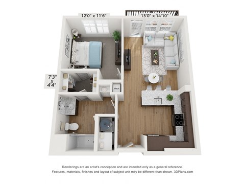 Floor plan for 1 bed, 1 bath, 684 sqft
